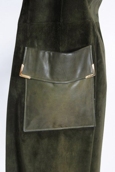 1970&#39;s Gucci Olive-Green Leather Suede Logo Enamel Trench Coat Jacket