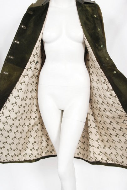 1970&#39;s Gucci Olive-Green Leather Suede Logo Enamel Trench Coat Jacket