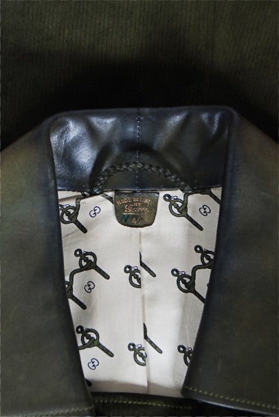 1970&#39;s Gucci Olive-Green Leather Suede Logo Enamel Trench Coat Jacket