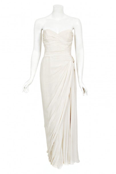 1955 Jean Dessès Haute Couture Ivory Silk Chiffon Strapless Draped Gown