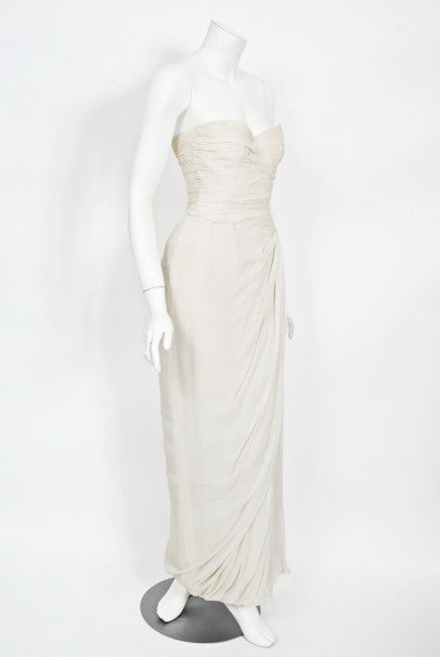1955 Jean Dessès Haute Couture Ivory Silk Chiffon Strapless Draped Gown