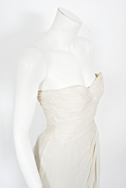 1955 Jean Dessès Haute Couture Ivory Silk Chiffon Strapless Draped Gown