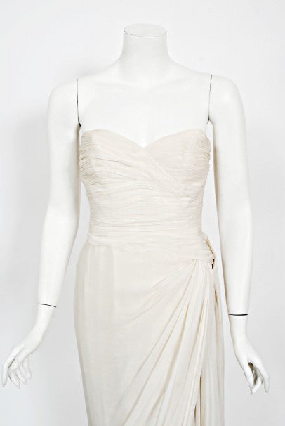 1955 Jean Dessès Haute Couture Ivory Silk Chiffon Strapless Draped Gown