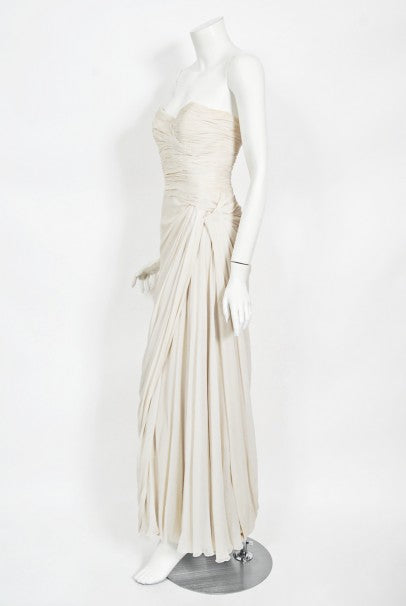 1955 Jean Dessès Haute Couture Ivory Silk Chiffon Strapless Draped Gown
