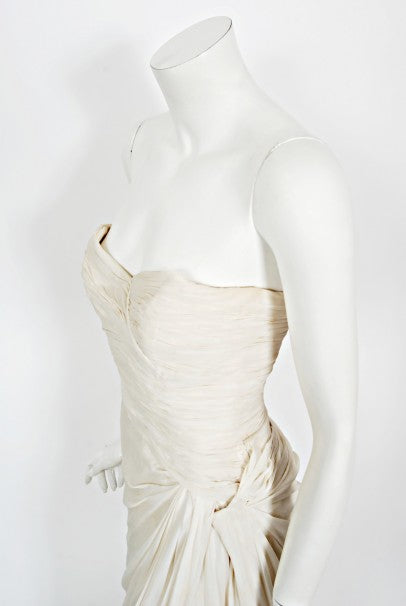 1955 Jean Dessès Haute Couture Ivory Silk Chiffon Strapless Draped Gown