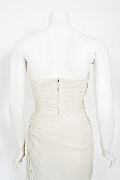 1955 Jean Desss Haute Couture Ivory Silk Chiffon Strapless Draped Gow - Timeless Vixen 1955 Jean Desss Haute Couture Ivory Silk Chiffon Strapless Draped Gow - Timeless Vixen