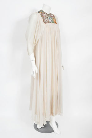 1968 Madame Grès Haute Couture Beaded Embroidered Ivory Silk Gown