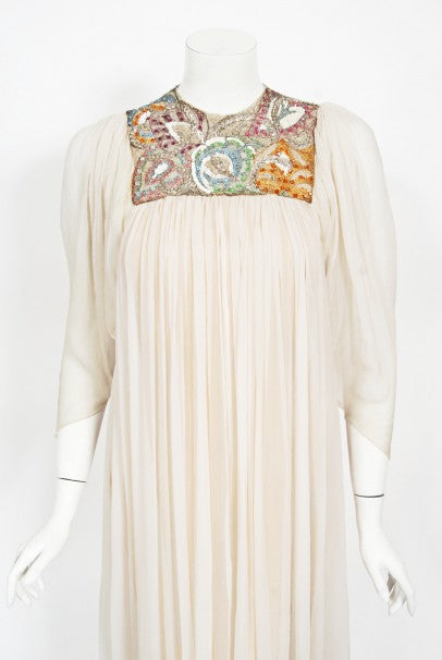 1968 Madame Grès Haute Couture Beaded Embroidered Ivory Silk Gown