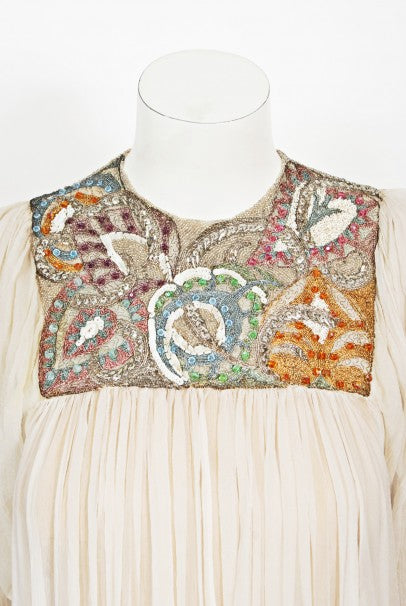 1968 Madame Grès Haute Couture Beaded Embroidered Ivory Silk Gown
