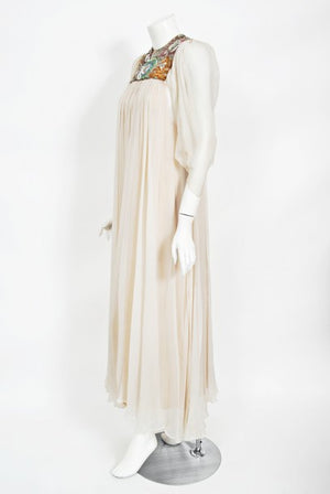 1968 Madame Grès Haute Couture Beaded Embroidered Ivory Silk Gown