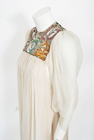 1968 Madame Grès Haute Couture Beaded Embroidered Ivory Silk Gown