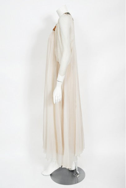 1968 Madame Grès Haute Couture Beaded Embroidered Ivory Silk Gown