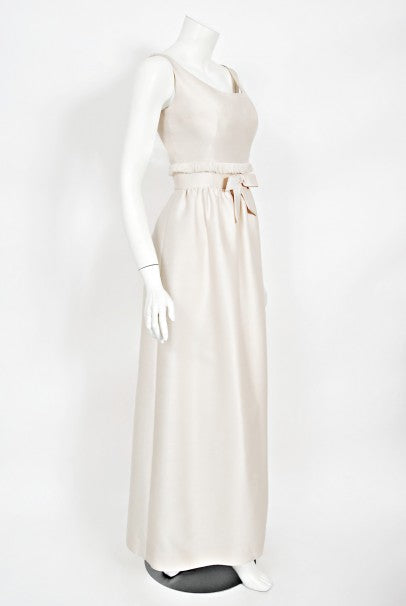 1960's Aurore Paris Couture Ivory Silk Nipped-Waist Bow Bridal Gown