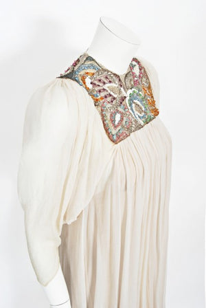 1975 Madame Grès Haute Couture Beaded Embroidered Ivory Silk Gown