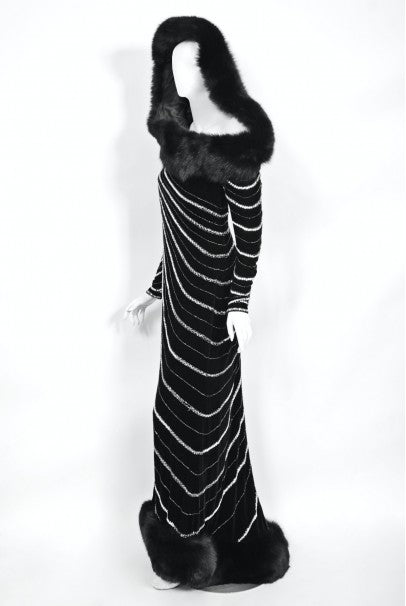 1989 Bob Mackie Couture Beaded Velvet and Fox-Fur Hooded Hourglass Gown