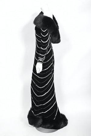 1989 Bob Mackie Couture Beaded Velvet and Fox-Fur Hooded Hourglass Gown