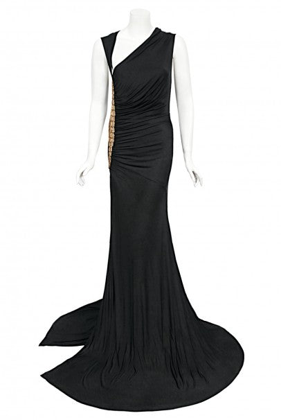 2005 Roberto Cavalli Black Silk Jersey Beaded Scales Hourglass Slit Gown
