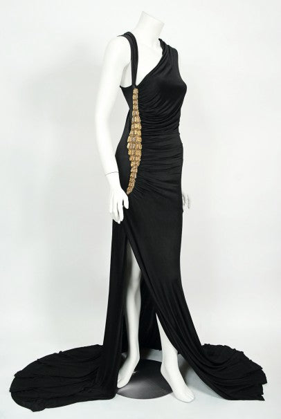 2005 Roberto Cavalli Black Silk Jersey Beaded Scales Hourglass Slit Gown