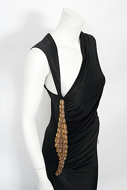 2005 Roberto Cavalli Black Silk Jersey Beaded Scales Hourglass Slit Gown