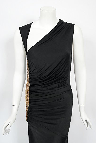 2005 Roberto Cavalli Black Silk Jersey Beaded Scales Hourglass Slit Gown