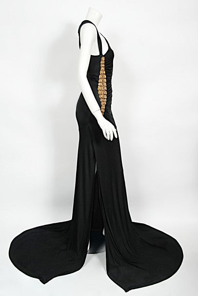 2005 Roberto Cavalli Black Silk Jersey Beaded Scales Hourglass Slit Gown