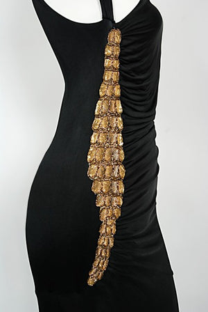 2005 Roberto Cavalli Black Silk Jersey Beaded Scales Hourglass Slit Gown