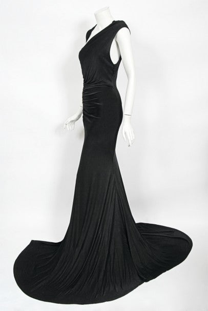 2005 Roberto Cavalli Black Silk Jersey Beaded Scales Hourglass Slit Gown