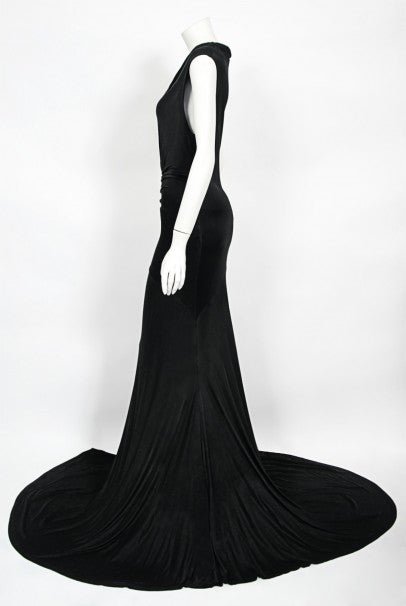 2005 Roberto Cavalli Black Silk Jersey Beaded Scales Hourglass Slit Gown