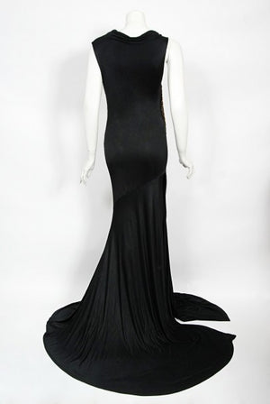 2005 Roberto Cavalli Black Silk Jersey Beaded Scales Hourglass Slit Gown