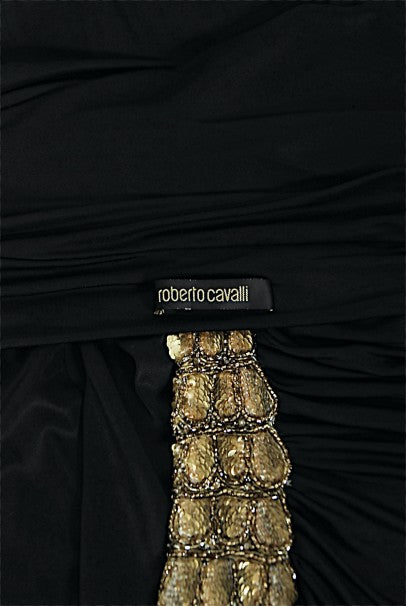2005 Roberto Cavalli Black Silk Jersey Beaded Scales Hourglass Slit Gown