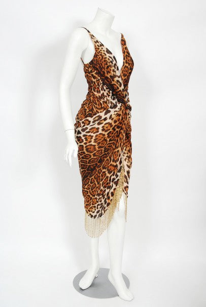 2008 Christian Dior by Galliano Leopard Print Silk Beaded Fringe Dress