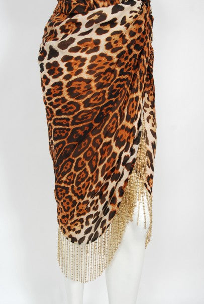 2008 Christian Dior by Galliano Leopard Print Silk Beaded Fringe Dress
