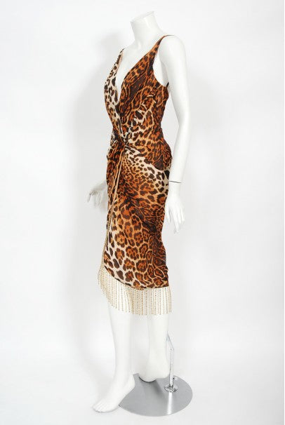 2008 Christian Dior by Galliano Leopard Print Silk Beaded Fringe 