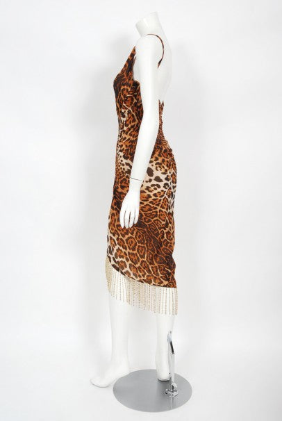 2008 Christian Dior by Galliano Leopard Print Silk Beaded Fringe Dress