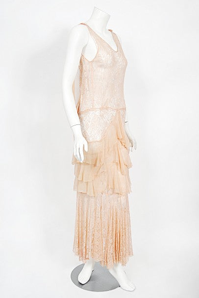 1930's Pale Pink Sheer Lace & Tiered Silk Chiffon Bias Cut Deco Gown