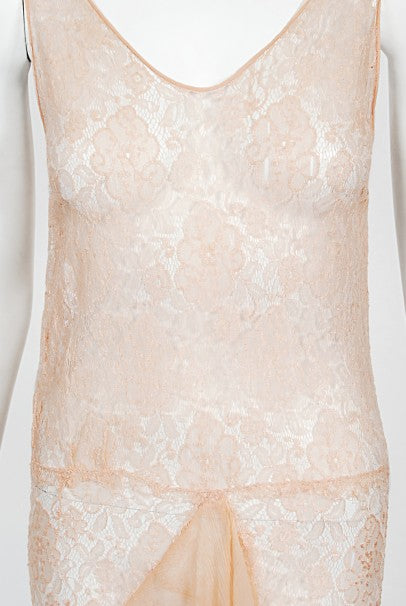 1930&#39;s Pale Pink Sheer Lace &amp; Tiered Silk Chiffon Bias Cut Deco Gown