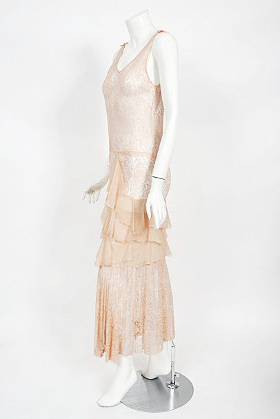 1930&#39;s Pale Pink Sheer Lace &amp; Tiered Silk Chiffon Bias Cut Deco Gown