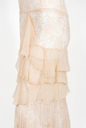 1930's Pale Pink Sheer Lace & Tiered Silk Chiffon Bias Cut Deco Gown