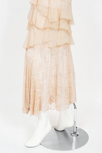 1930&#39;s Pale Pink Sheer Lace &amp; Tiered Silk Chiffon Bias Cut Deco Gown