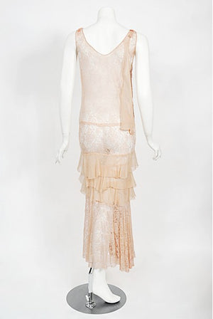 1930's Pale Pink Sheer Lace & Tiered Silk Chiffon Bias Cut Deco Gown