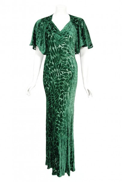 1930&#39;s Emerald Green Leaf Motif Sheer Silk Velvet Bias-Cut Gown &amp; Bolero