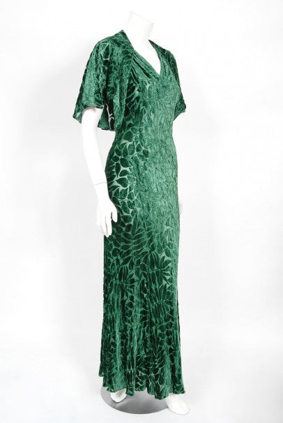 1930&#39;s Emerald Green Leaf Motif Sheer Silk Velvet Bias-Cut Gown &amp; Bolero
