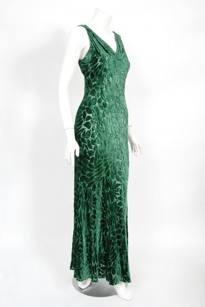 1930&#39;s Emerald Green Leaf Motif Sheer Silk Velvet Bias-Cut Gown &amp; Bolero