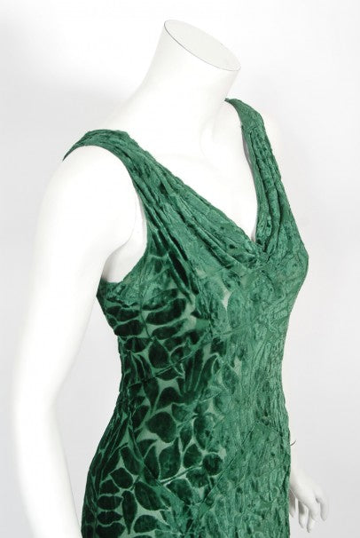 1930&#39;s Emerald Green Leaf Motif Sheer Silk Velvet Bias-Cut Gown &amp; Bolero