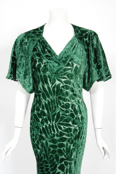 1930&#39;s Emerald Green Leaf Motif Sheer Silk Velvet Bias-Cut Gown &amp; Bolero