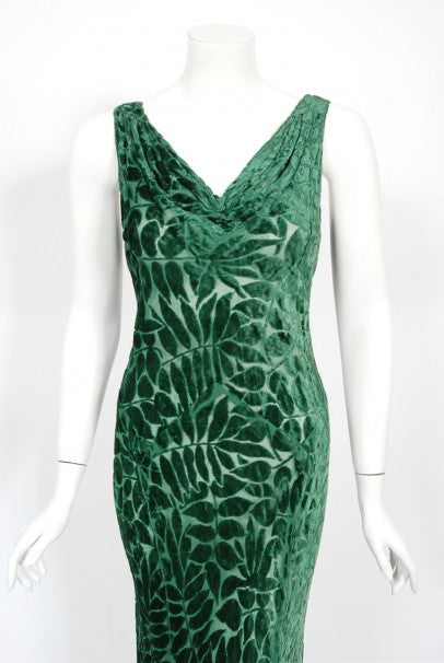 1930&#39;s Emerald Green Leaf Motif Sheer Silk Velvet Bias-Cut Gown &amp; Bolero