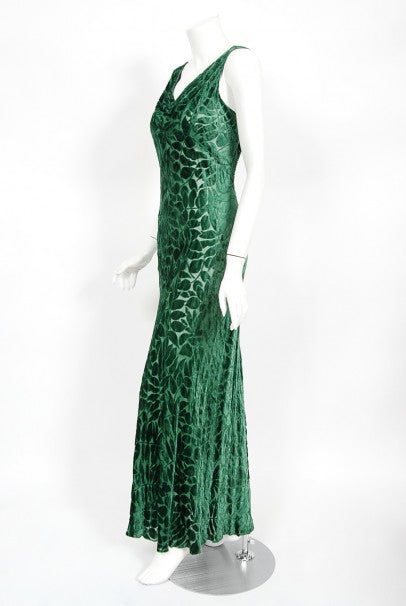 1930&#39;s Emerald Green Leaf Motif Sheer Silk Velvet Bias-Cut Gown &amp; Bolero