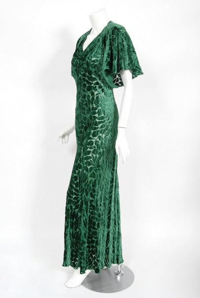 1930's Emerald Green Leaf Motif Sheer Silk Velvet Bias-Cut Gown & Bole - Timeless Vixen 1930's Emerald Green Leaf Motif Sheer Silk Velvet Bias-Cut Gown & Bole - Timeless Vixen