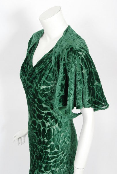 1930&#39;s Emerald Green Leaf Motif Sheer Silk Velvet Bias-Cut Gown &amp; Bolero