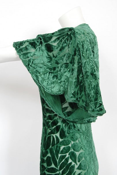 1930&#39;s Emerald Green Leaf Motif Sheer Silk Velvet Bias-Cut Gown &amp; Bolero